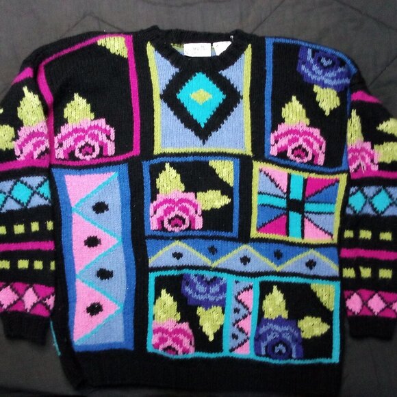 Vintage Nordstrom Brass Plum Abstract Geometric Crewneck Sweater - Picture 2 of 7